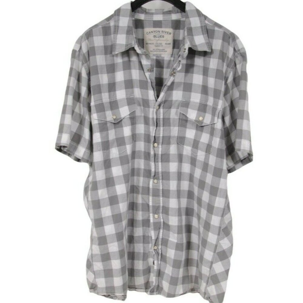 Canyon River Blues Mens Button Down Shirt Size XXL White Gray Plaid Short Sleeve